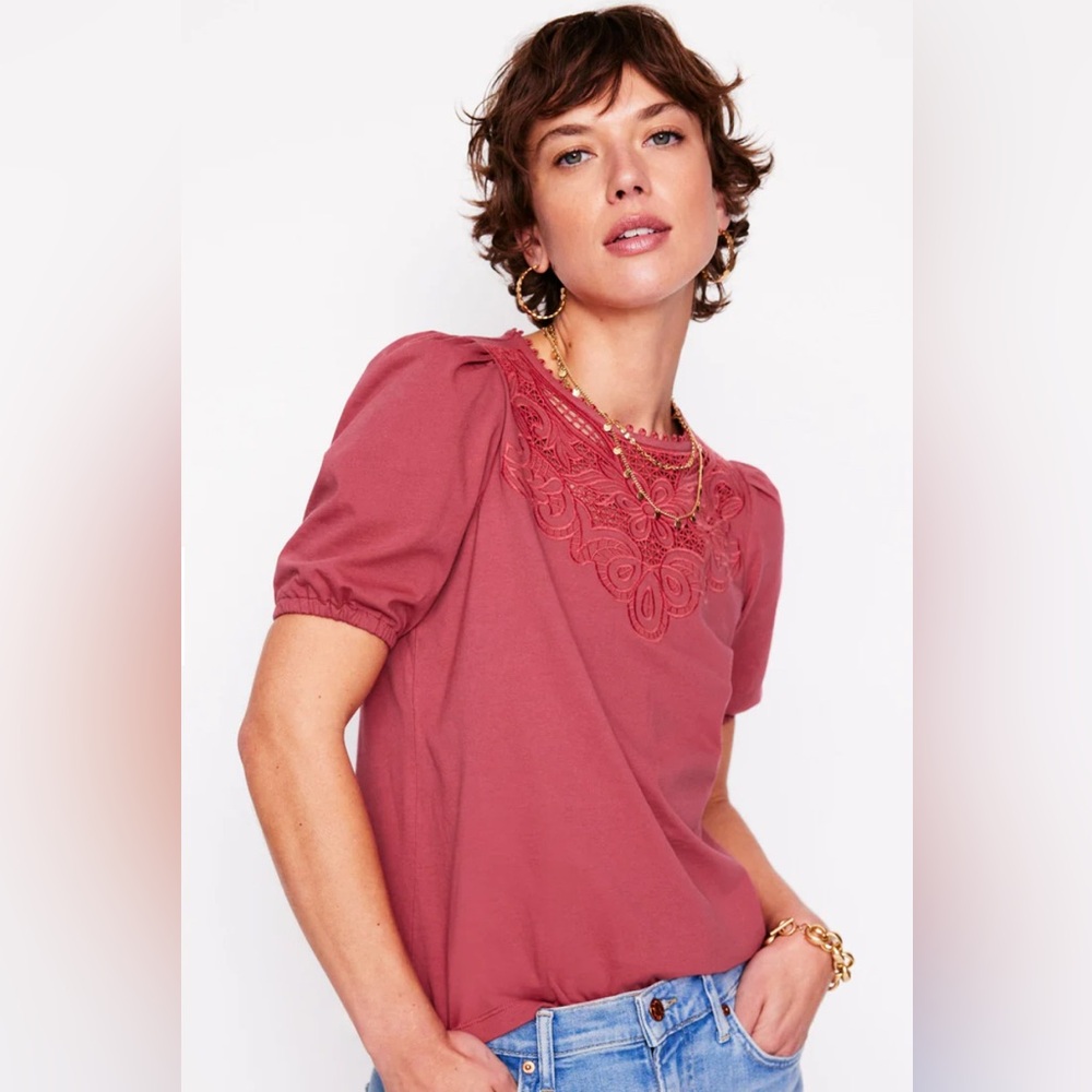 Boden Cutwork Puff Sleeve Cotton Top – Magenta Pink Size 6 EUC